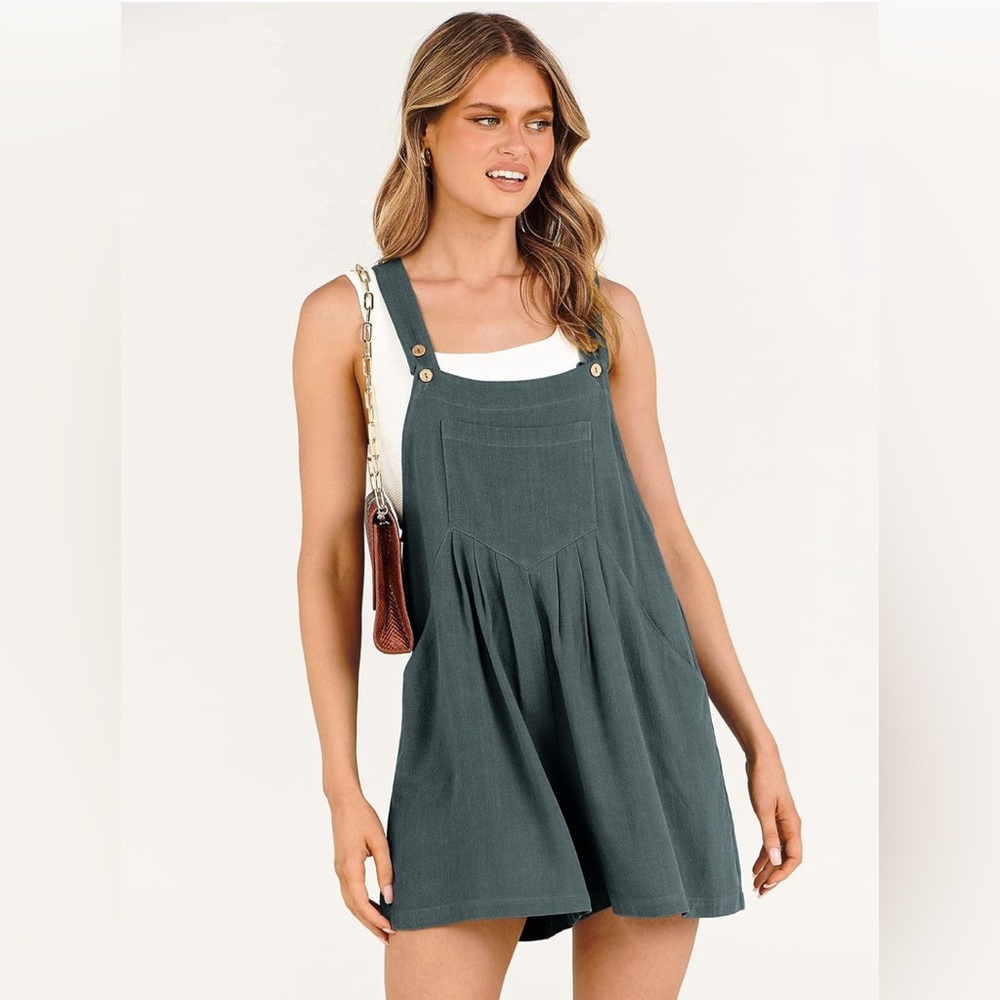 Woven Button-Strap Romper Dress in Slate Green